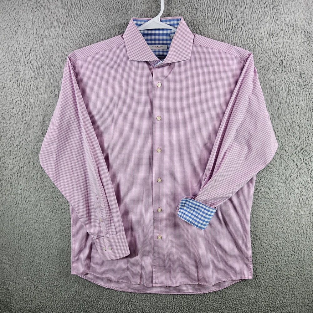 Isaac Mizrahi New York Mens Slim Fit Dress Shirt 16 32/33 Pink Micro Check